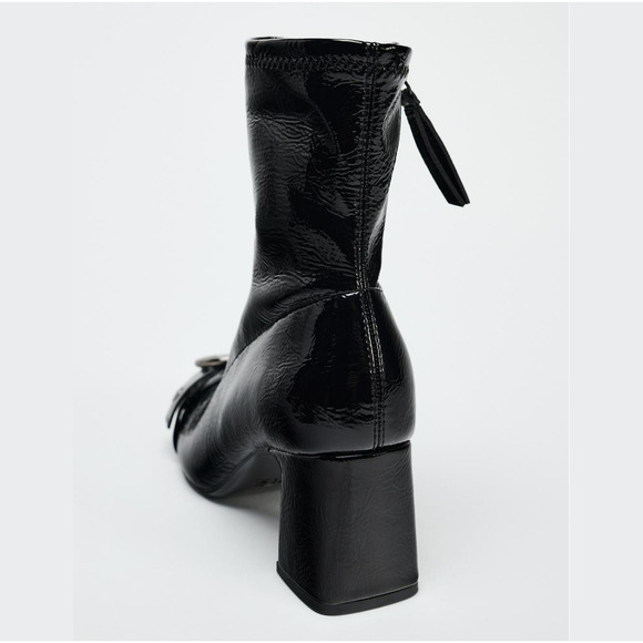 ZARA Buckled Ankle Boots NWT | Patent Faux Leather Block Heel Size 10 - Picture 9 of 12